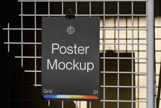 Modern poster mockup clipped to a metal grid with urban shadows, includes color spectrum bar, ideal for showcasing design work to clients.